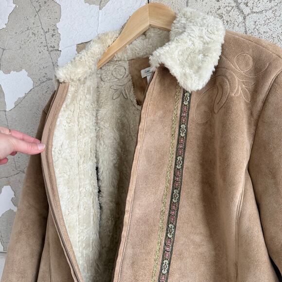 Faux Suede Shearling Jacket Embroidered Boho Coldwater Creek Womens L - Picture 9 of 12